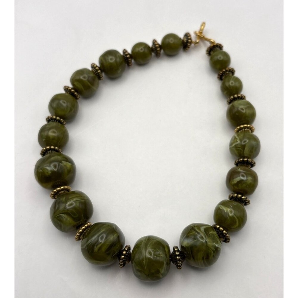 Chunky Olive Green Swirled Bead Necklace with Gold Tone Accents Bold Statement - Picture 7 of 7